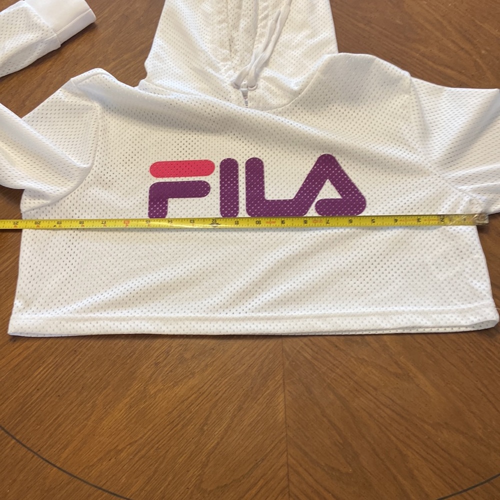 FILA cropped ventilated drawstring hoodie size small white w/ purple and pink - Picture 8 of 11